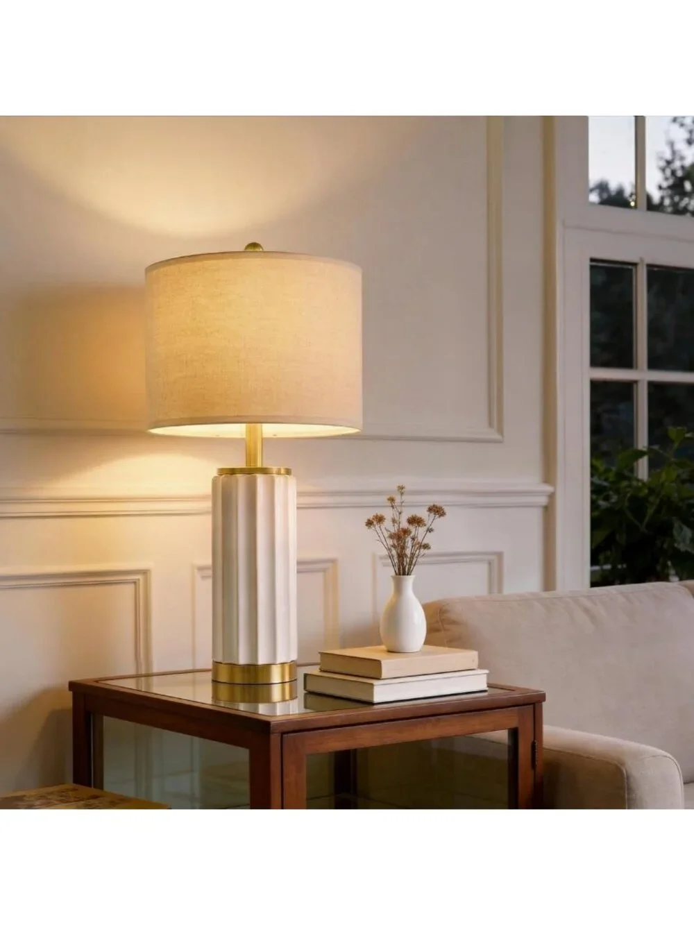 Set of 2 Off-White Mid Century Modern Ceramic Table Lamps, Linen Shade & Gold